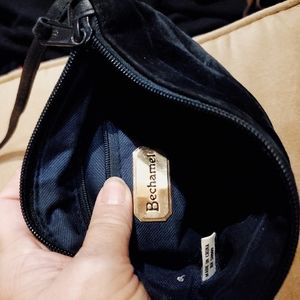 Bechamel black suede bag with long leather strap approx 7 x 7.5"  cute!